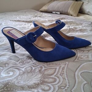 Pointed-Toe Blue Suede Mary Jane Mules with Buckle Strap